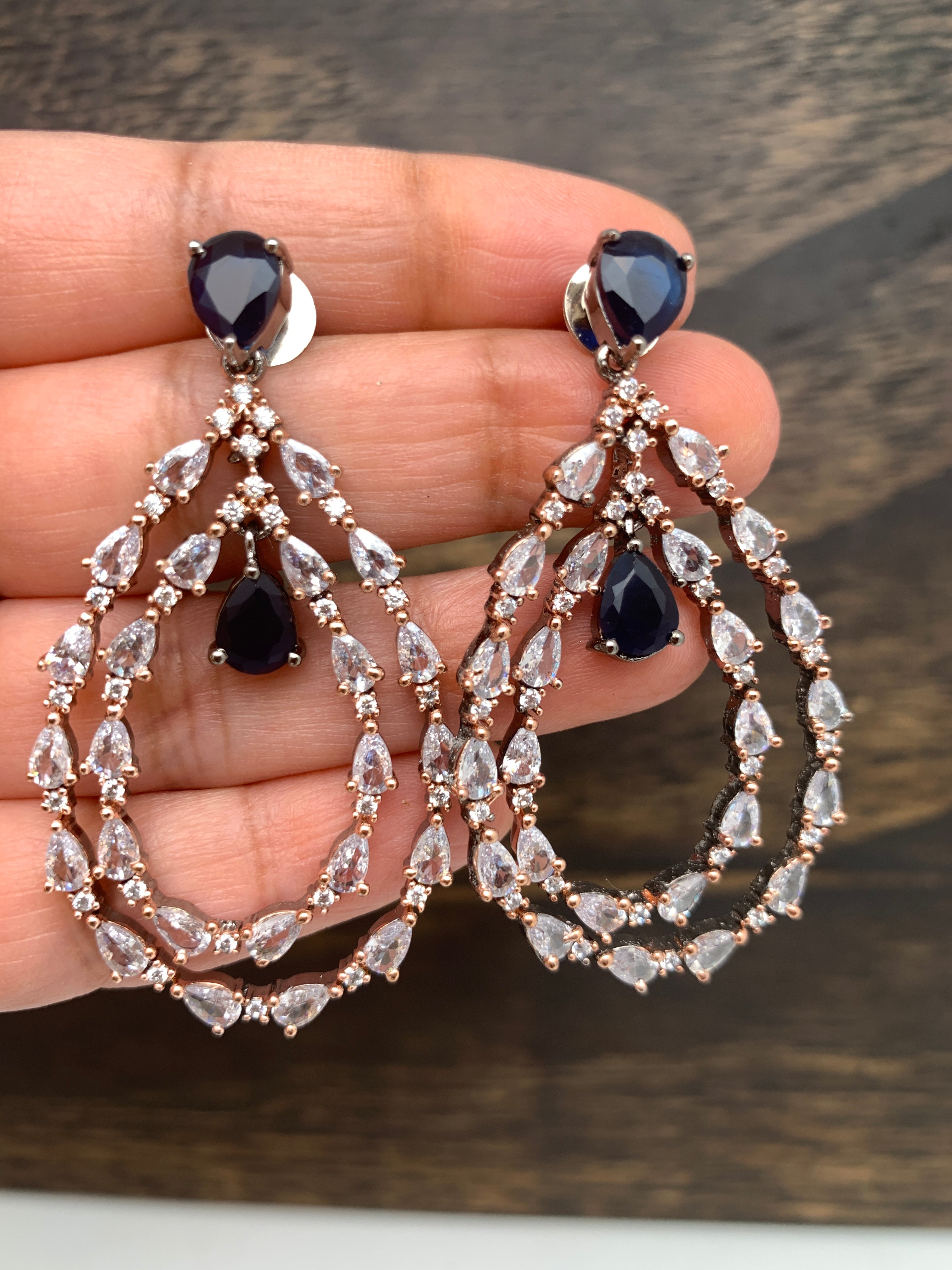 YouBella Navy Blue Silver-Toned Stone-Studded Drop Earrings